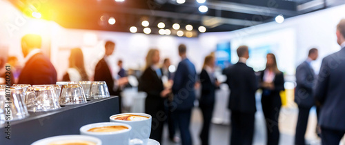 Close up of coffee cups at business event, with blurred attendees networking in background, creating vibrant atmosphere of collaboration and conversation