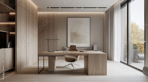 Minimalist office design, open space layout, wooden desk, ergonomic chair, neutral color palette, soft lighting, Scandinavian style