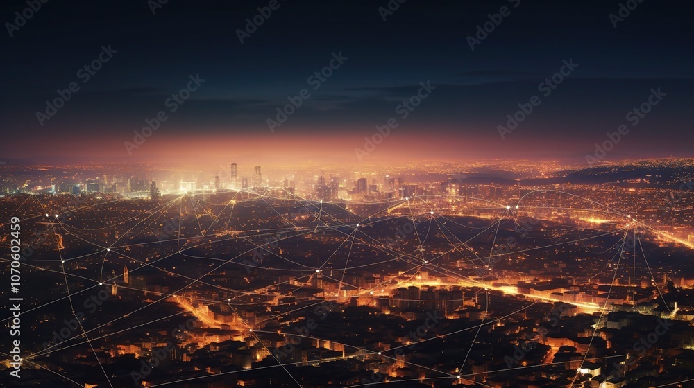 Naklejka premium Cityscape at Night with Network Connections