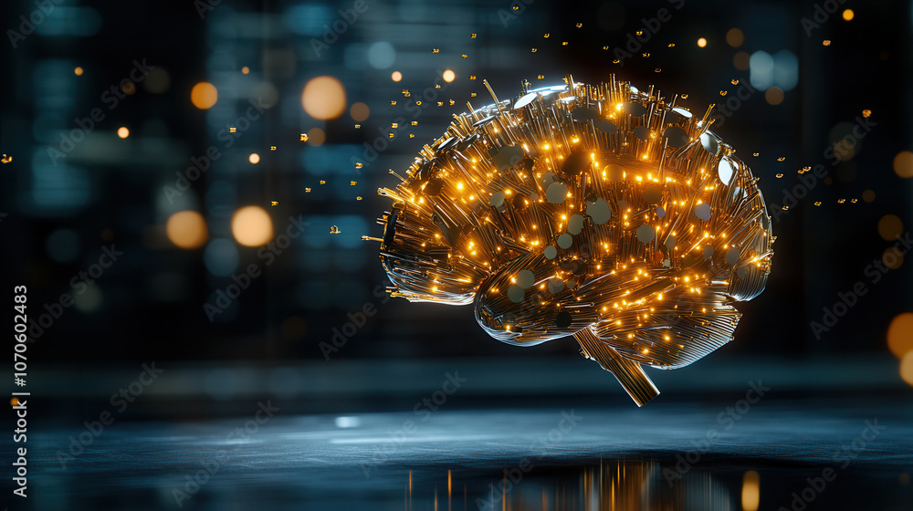 stunning 3D brain sculpture made of golden nails, showcasing intricate details and glowing elements, symbolizing creativity and intelligence stunning 3D brain sculpture made of golden nails, showcasing intricate details and glowing elements, symbolizing creativity and intelligence