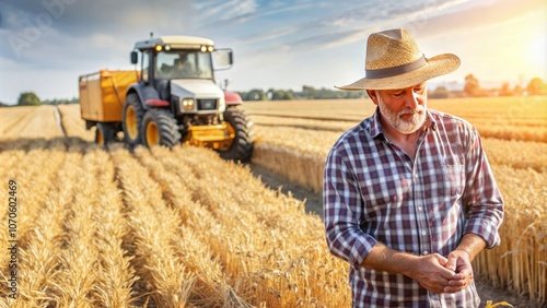 A farmer stands in a wheat field, watching over the harvest as a tractor operates in the background during a sunny day. photo