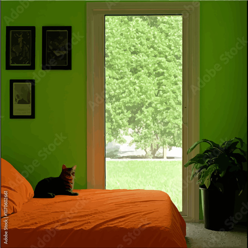 Bright vector of a cozy bedroom with a cat on an orange bedspread near a large window, showcasing a peaceful view of greenery outside.