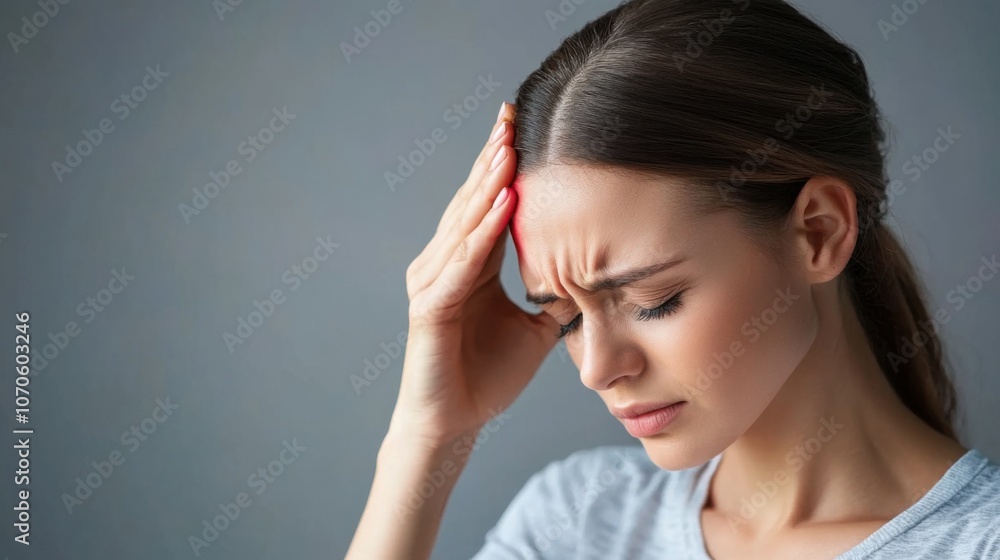 Woman Suffering from Chronic Headache in Gray Space Woman Suffering from Chronic Headache in Gray Space