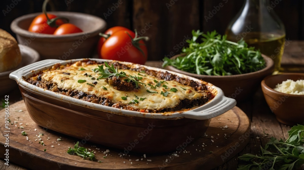 A baked dish topped with cheese, surrounded by fresh ingredients and herbs. A baked dish topped with cheese, surrounded by fresh ingredients and herbs.