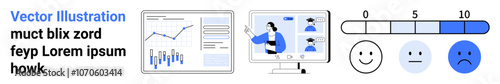 Bar and line charts, computer screen with a webinar, satisfaction scale from 0-10, and emotion feedback indicators. Ideal for business, education, webinars, presentations, data analysis, customer