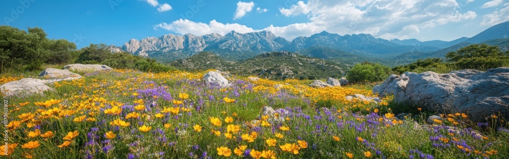 Naklejka premium Vibrant wildflower meadow blooming under a clear sky in a mountainous landscape during spring