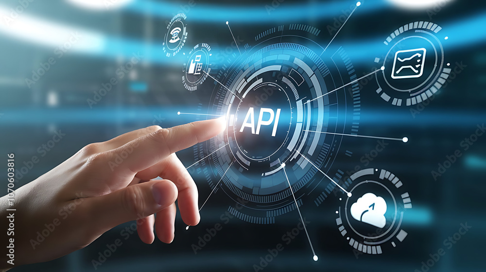 API interface, Application programming interface, Businessmen Interacting with a Futuristic API Interface, business technology, API integration API interface, Application programming interface, Businessmen Interacting with a Futuristic API Interface, business technology, API integration
