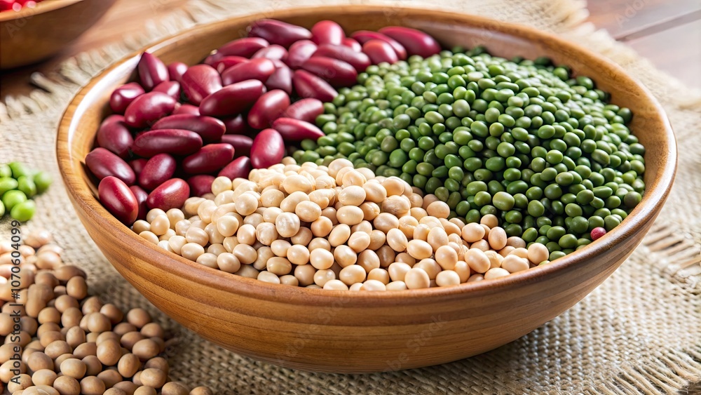 A variety of colorful legumes including red kidney beans, green lentils, and chickpeas presented in a rustic wooden bowl. A variety of colorful legumes including red kidney beans, green lentils, and chickpeas presented in a rustic wooden bowl.