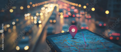 smartphone displaying active GPS app with location pin, set against blurred city traffic background. vibrant lights create dynamic urban atmosphere