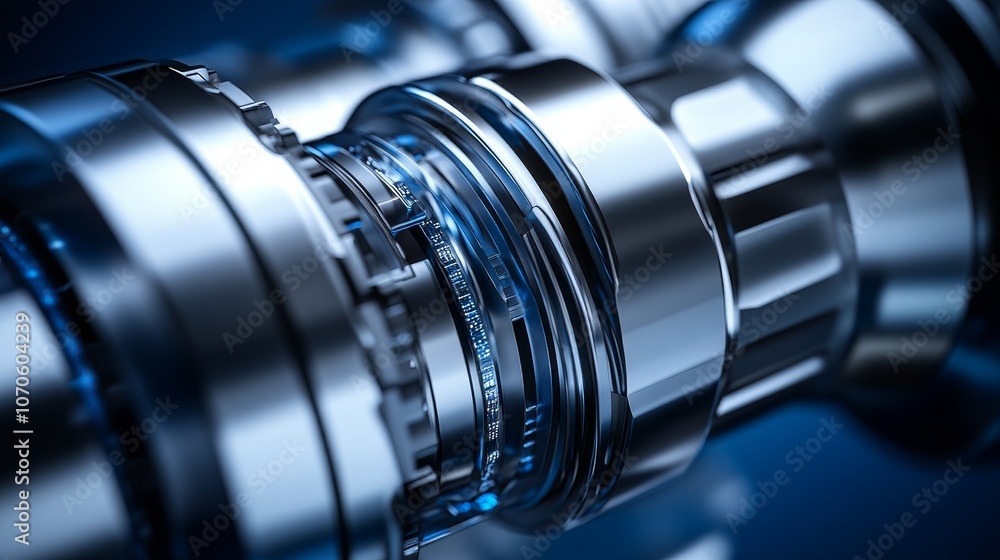 A close-up view of a metallic component, showcasing intricate details and reflections. A close-up view of a metallic component, showcasing intricate details and reflections.