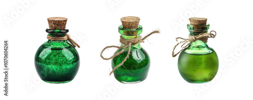 Green poison bottle collection, set of Vintage poison bottle isolated on transparent background cutout png Generative AI photo