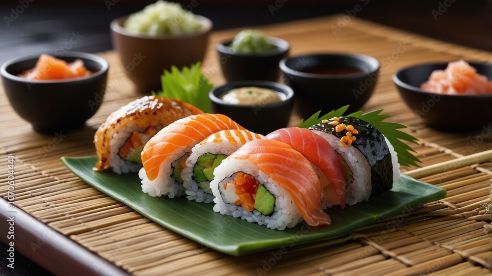 A beautifully arranged sushi platter with various rolls and accompaniments on a bamboo mat. A beautifully arranged sushi platter with various rolls and accompaniments on a bamboo mat.