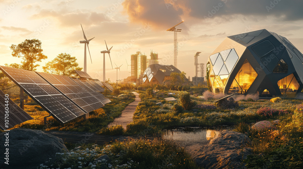 Renewable energy industry hub with solar and wind power generation ...