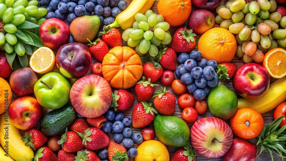 A vibrant assortment of fresh fruits including apples, oranges, grapes, bananas, and berries displayed on a colorful background. A vibrant assortment of fresh fruits including apples, oranges, grapes, bananas, and berries displayed on a colorful background.