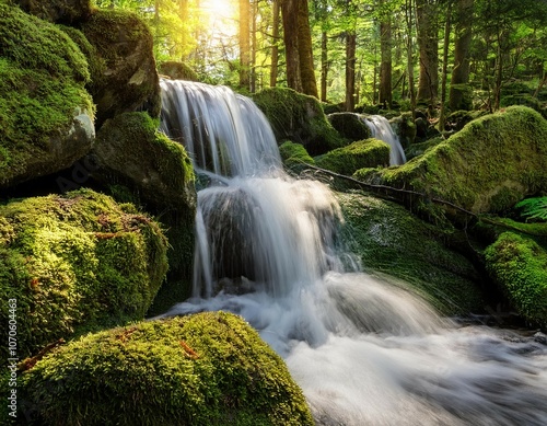 waterfall cascading over moss covered rocks in forest
