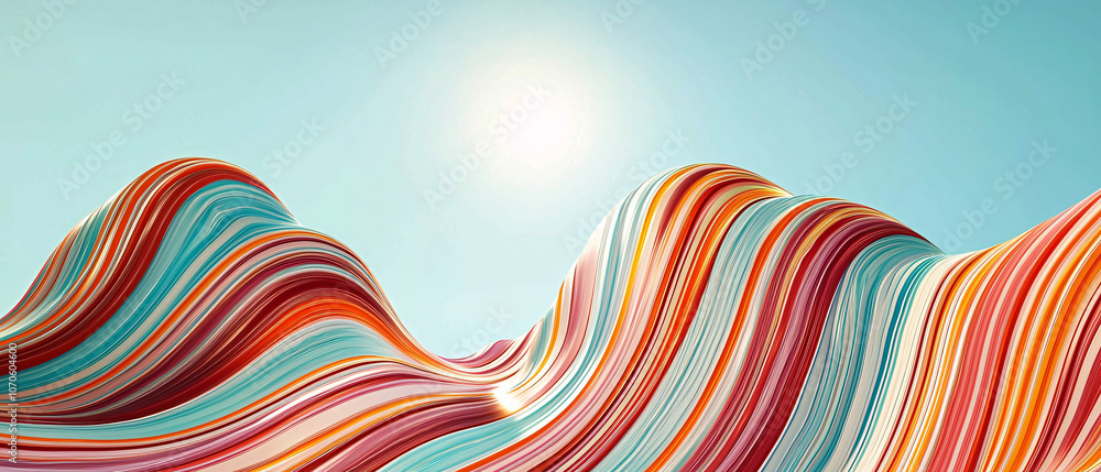Obraz premium Vibrant abstract landscape with colorful wavy lines and bright sky. artwork showcases blend of red, orange, and turquoise hues, creating dynamic and energetic atmosphere