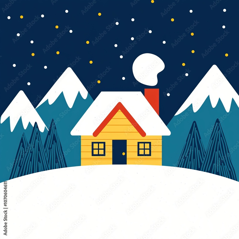 Cozy winter cabin with snow-capped mountains and starry night sky. Cozy winter cabin with snow-capped mountains and starry night sky.