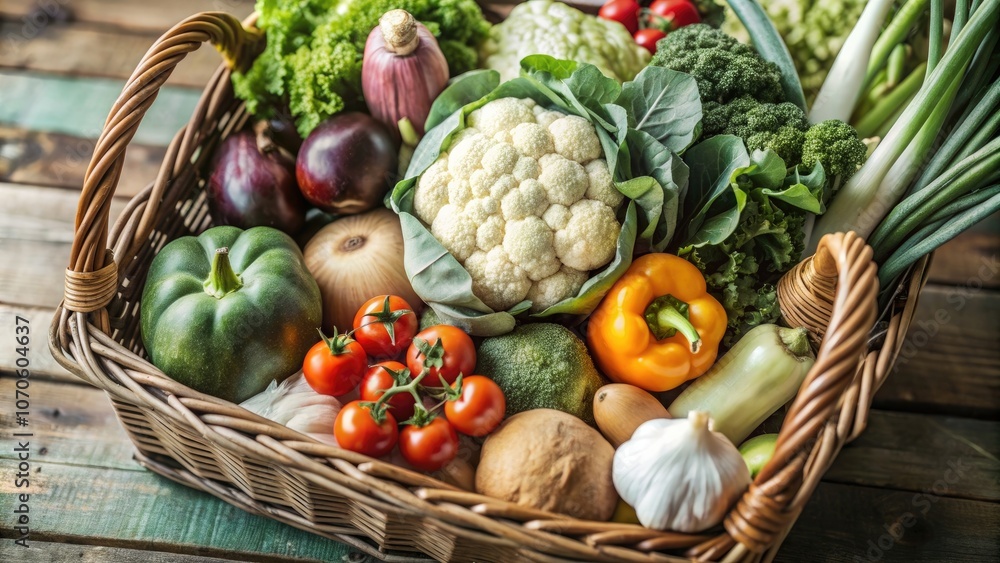 Basket filled with fresh vegetables including peppers, cauliflower, tomatoes, and greens, set against a rustic wooden background. Basket filled with fresh vegetables including peppers, cauliflower, tomatoes, and greens, set against a rustic wooden background.