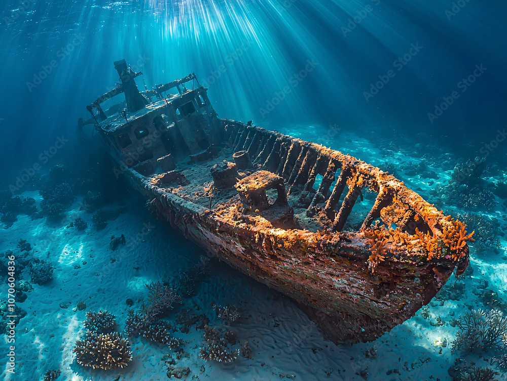 detailed view of shipwreck lying on coral encrusted seabed, illuminated by sun rays filtering through water, showcasing marine life and vibrant corals detailed view of shipwreck lying on coral encrusted seabed, illuminated by sun rays filtering through water, showcasing marine life and vibrant corals
