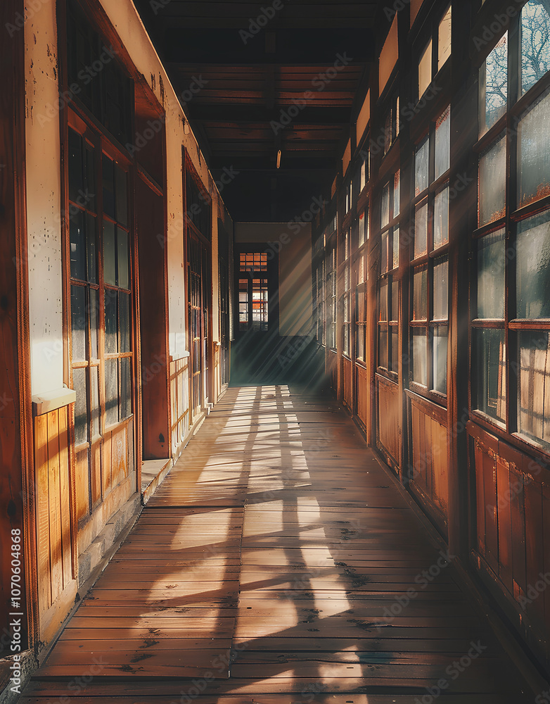 long corridor in an old school building, sunlight shines through the windows onto the wooden floorboards long corridor in an old school building, sunlight shines through the windows onto the wooden floorboards