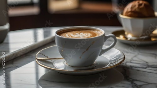 A beautifully crafted coffee cup with latte art on a marble table, accompanied by a pastry.