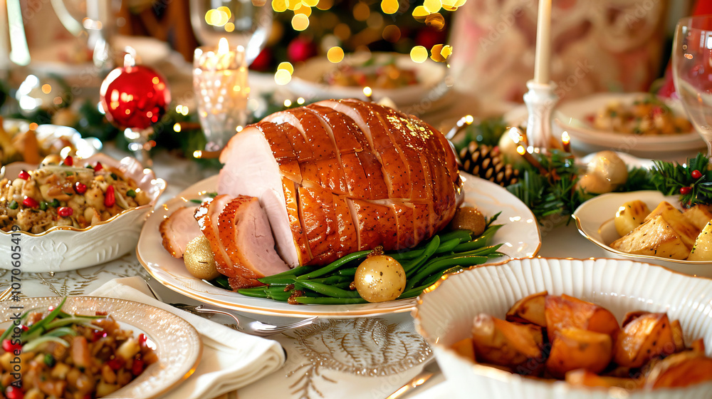 Christmas Dinner Table with Glazed Ham and Festive Decorations Celebrating Holiday Traditions, Family Gatherings, Comfort Food Christmas Dinner Table with Glazed Ham and Festive Decorations Celebrating Holiday Traditions, Family Gatherings, Comfort Food