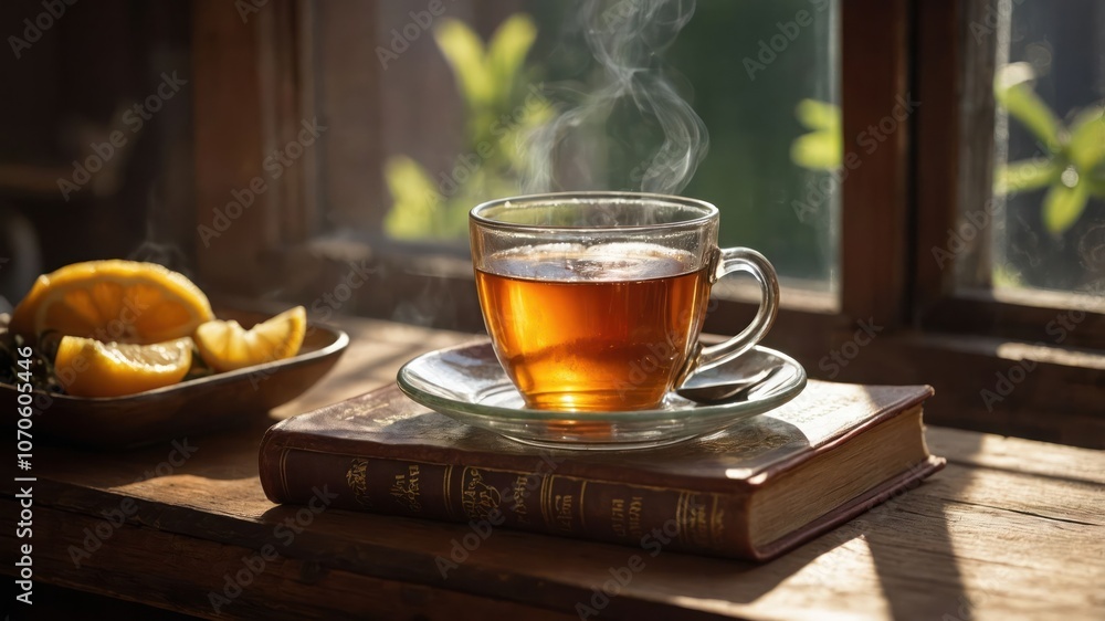 A steaming cup of tea on a book, accompanied by lemon slices in a cozy setting. A steaming cup of tea on a book, accompanied by lemon slices in a cozy setting.