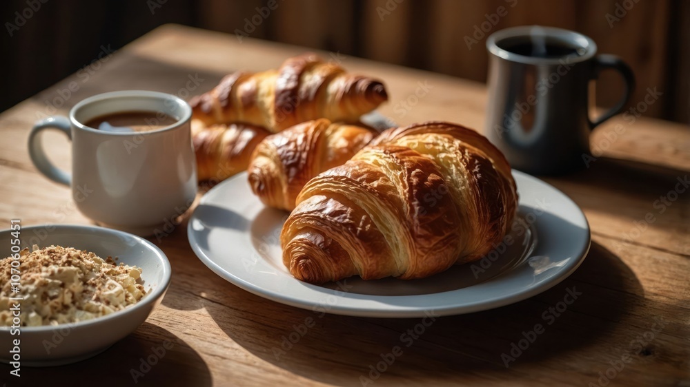 A cozy breakfast scene featuring croissants, coffee, and a bowl of yogurt with nuts. A cozy breakfast scene featuring croissants, coffee, and a bowl of yogurt with nuts.