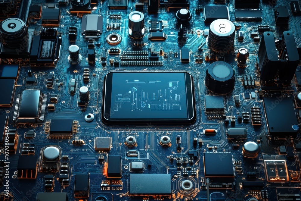 Fototapeta premium Modern Technology Device Concept in Blue Circuit Space