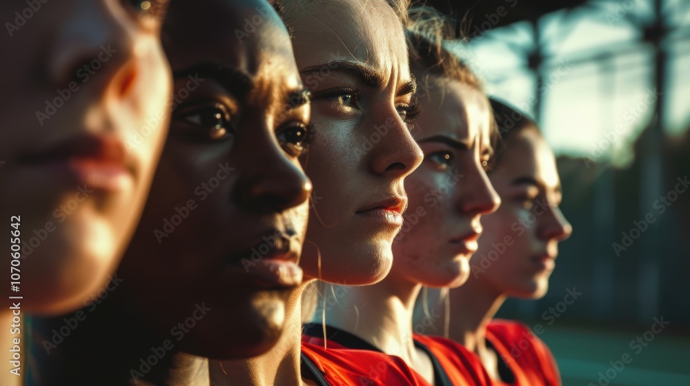 Womens netball team exhibiting motivation, focus, and strength, united in collaboration and support before competitive games or training sessions Womens netball team exhibiting motivation, focus, and strength, united in collaboration and support before competitive games or training sessions