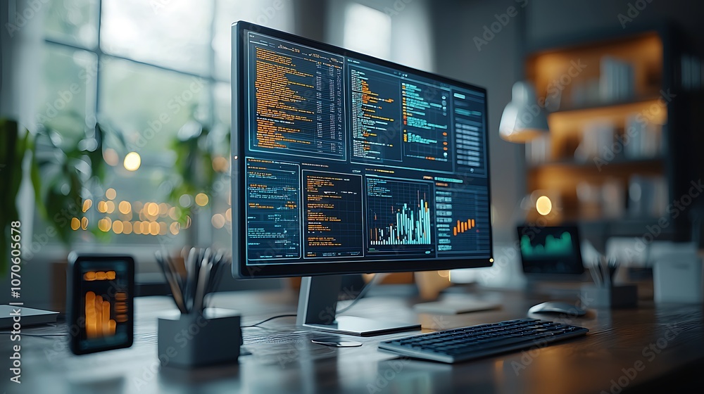 Modern computer monitor displaying code and data analytics in a home office. Modern computer monitor displaying code and data analytics in a home office.