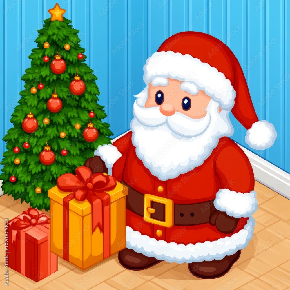 Santa Claus standing next to a decorated Christmas tree with presents. Santa Claus standing next to a decorated Christmas tree with presents.