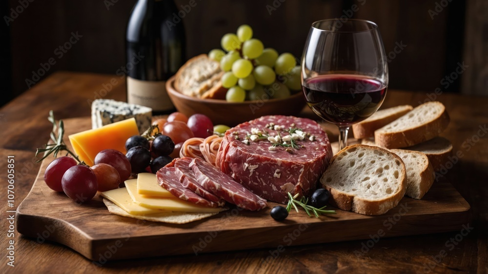 A gourmet platter featuring cheeses, meats, fruits, and wine for a delightful dining experience. A gourmet platter featuring cheeses, meats, fruits, and wine for a delightful dining experience.