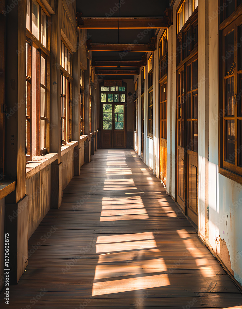 long corridor in an old school building, sunlight shines through the windows onto the wooden floorboards long corridor in an old school building, sunlight shines through the windows onto the wooden floorboards