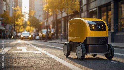 Delivery robot navigating city streets during autumn in a bustling urban environment