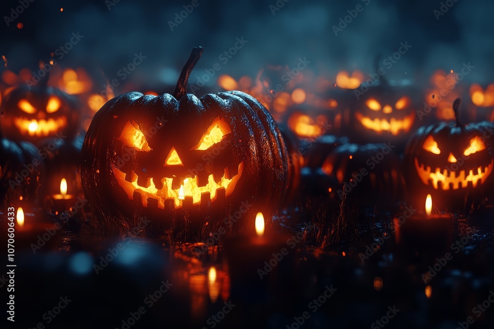 Group of carved pumpkins with candlelight glowing against dark Halloween night background, high-resolution digital photography. Group of carved pumpkins with candlelight glowing against dark Halloween night background, high-resolution digital photography.