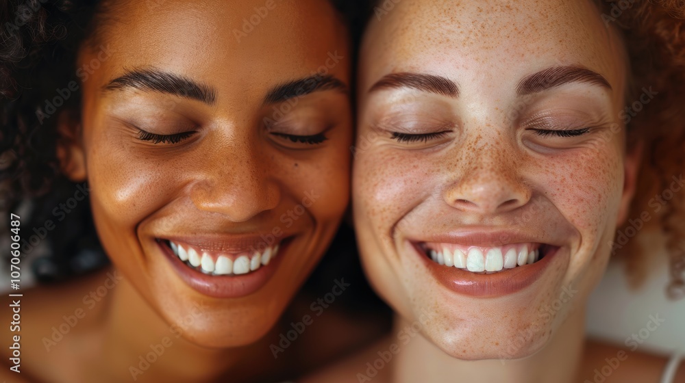Beauty and diversity in skincare, featuring joyful women with smiles and closed eyes against a studio backdrop. Focus on health, wellness, luxury cosmetics, and natural makeup Beauty and diversity in skincare, featuring joyful women with smiles and closed eyes against a studio backdrop. Focus on health, wellness, luxury cosmetics, and natural makeup