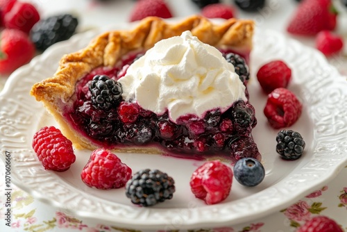 Berry pie slice topped with whipped cream