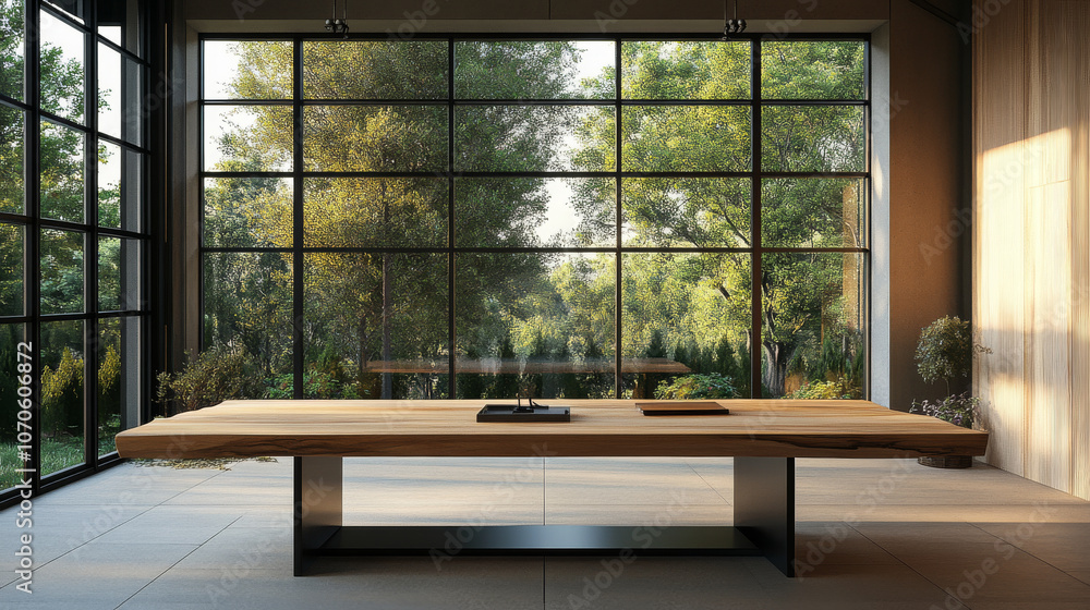 Spacious minimalist office with large wooden table, metal accents, neutral tones, few decorative pieces, large window view of nature Spacious minimalist office with large wooden table, metal accents, neutral tones, few decorative pieces, large window view of nature