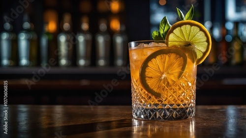 A refreshing cocktail garnished with lemon and mint, served in a crystal glass. photo