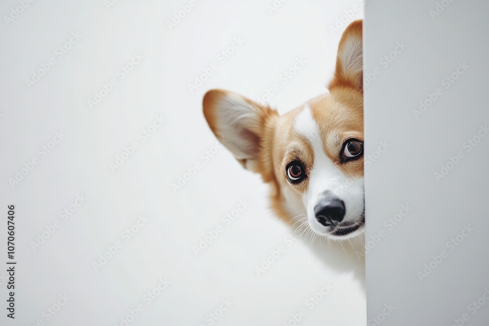 Obraz premium Curious corgi peeking around a corner with expressive eyes, capturing a playful and inquisitive moment