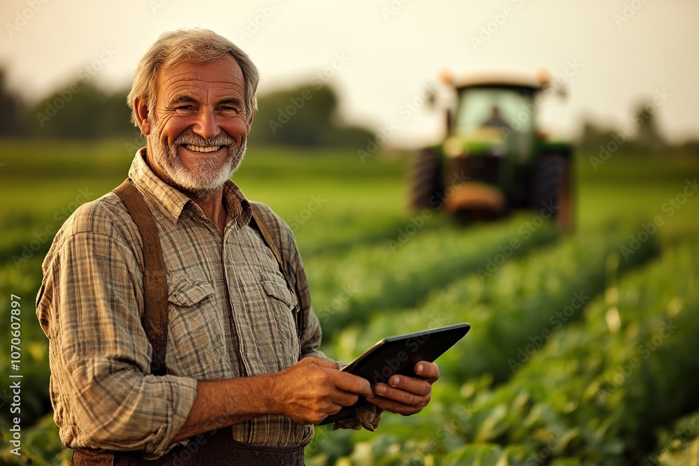 Smiling farmer holding a tablet in a sunny field with a tractor in the background, symbolizing modern technology in agriculture Smiling farmer holding a tablet in a sunny field with a tractor in the background, symbolizing modern technology in agriculture