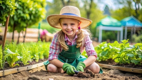 A cheerful girl gardening in a sunlit vegetable patch, wearing a straw hat and gloves, surrounded by thriving plants.