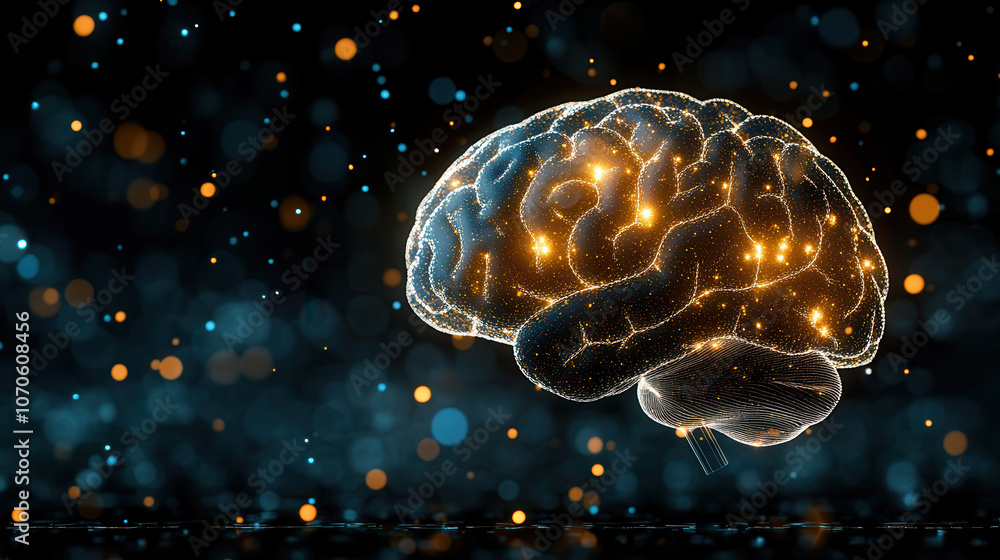 Fototapeta premium glowing 3D brain sculpture with shiny particles and lights, representing intelligence and creativity. vibrant colors create captivating visual effect