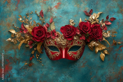 Elegant red and gold masquerade mask with roses on textured background. Mardi Gras