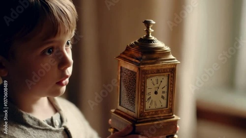 Young Boy Holding Antique Clock