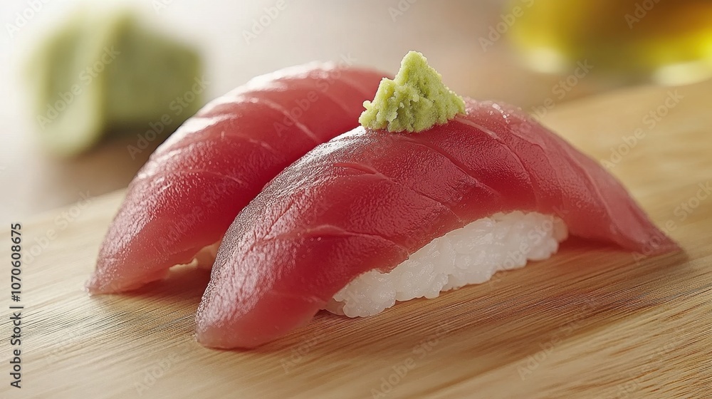 Fresh Sushi with Tuna and Wasabi on Wooden Board Fresh Sushi with Tuna and Wasabi on Wooden Board