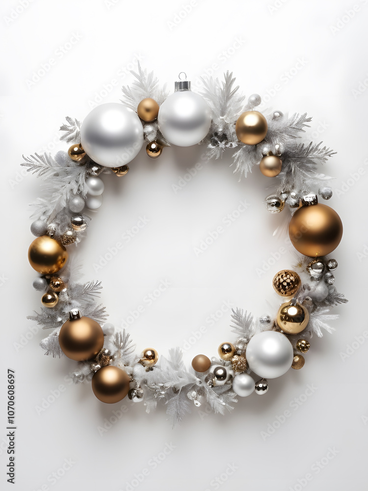 Elegant holiday wreath adorned with silver and gold ornaments, creating a festive atmosphere for winter celebrations Elegant holiday wreath adorned with silver and gold ornaments, creating a festive atmosphere for winter celebrations