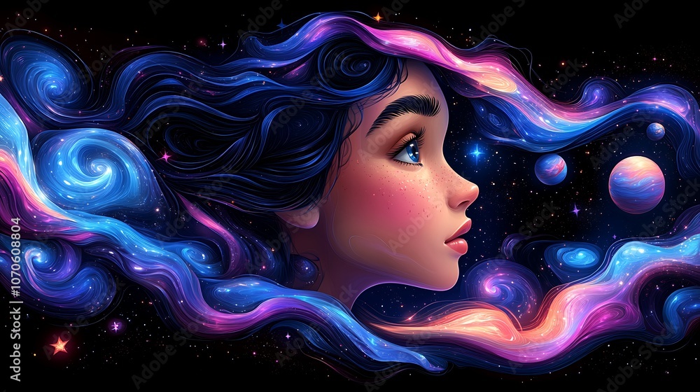 A young woman's profile is surrounded by swirling cosmic nebulae, reminiscent of a dreamy, surreal landscape. A young woman's profile is surrounded by swirling cosmic nebulae, reminiscent of a dreamy, surreal landscape.