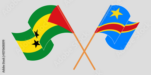 Crossed and waving flags of Sao Tome and Principe and Democratic Republic of the Congo. Vector illustration